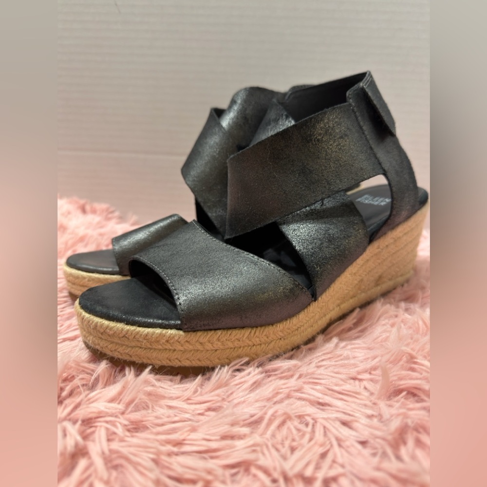 Eileen Fisher Willow Starry Suede Wedge Black Metallic Espadrille Sandals Sz 9.5